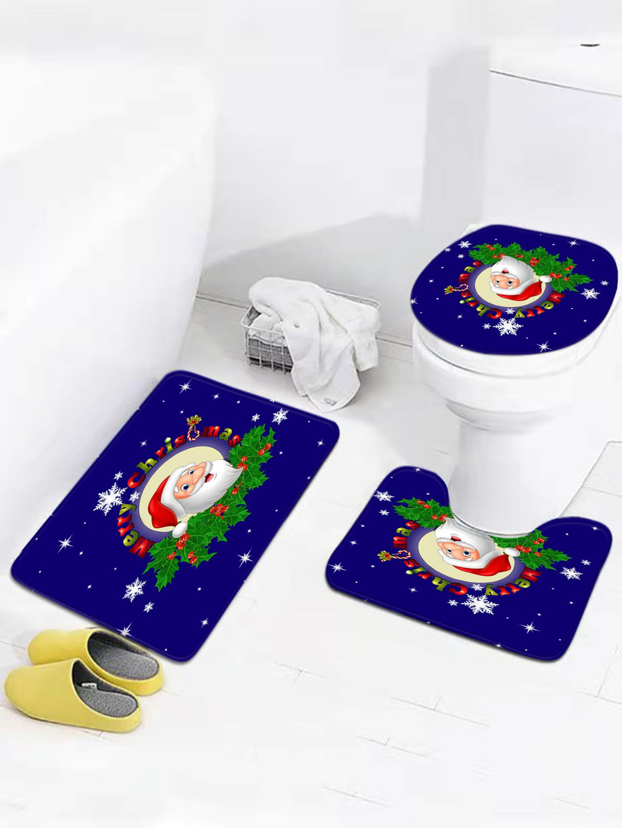4pc Christmas Santa Claus Pattern Bath Rug And Shower Curtain