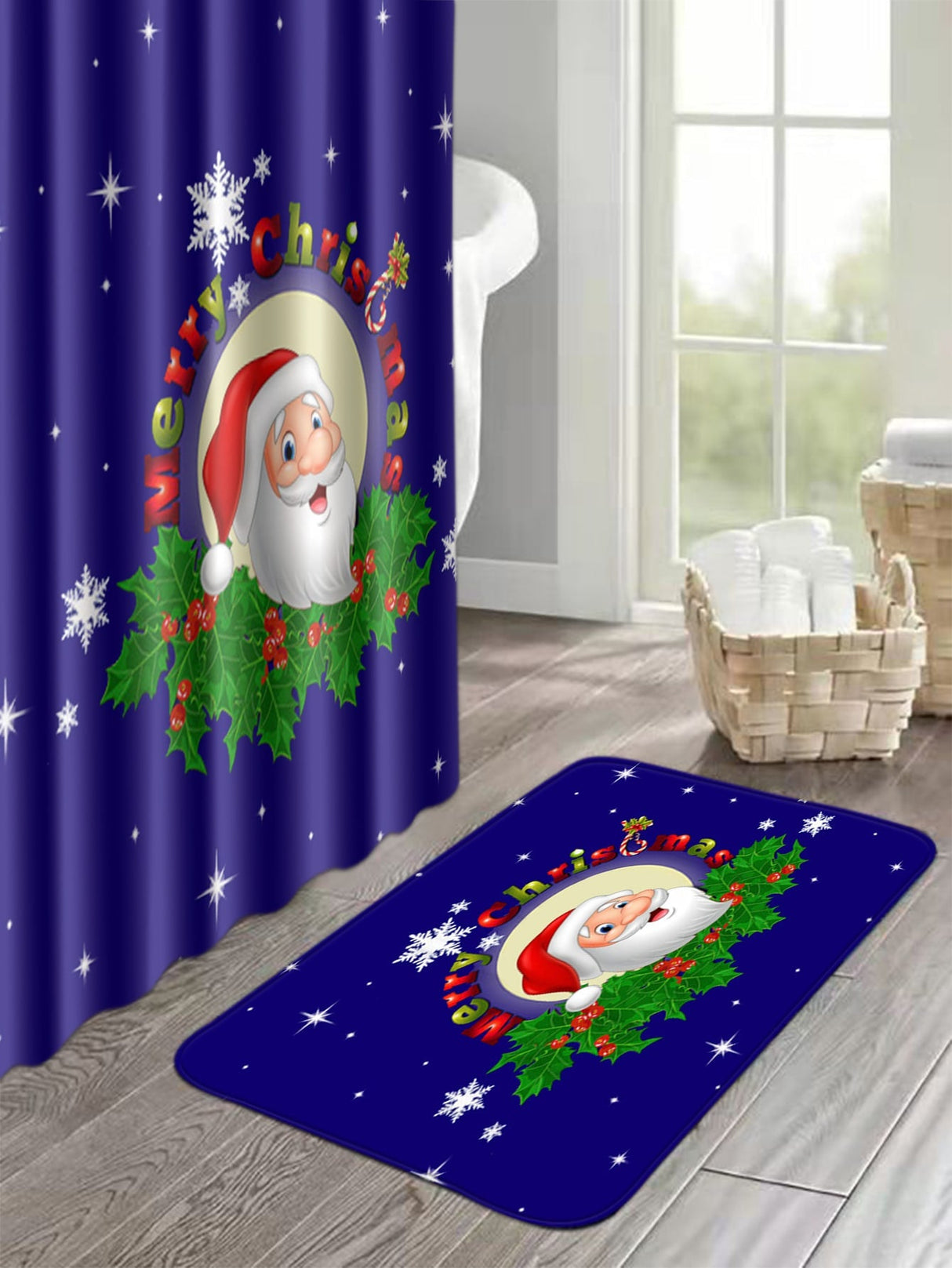 4pc Christmas Santa Claus Pattern Bath Rug And Shower Curtain