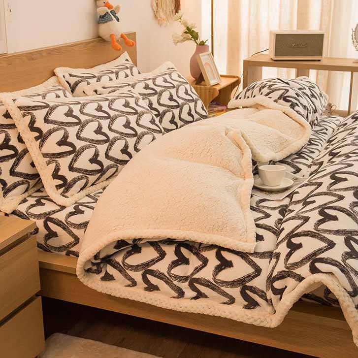 Poly Grey Lovely Heart Milk Cashmere Flannel Berber Fleece Bedding Set
