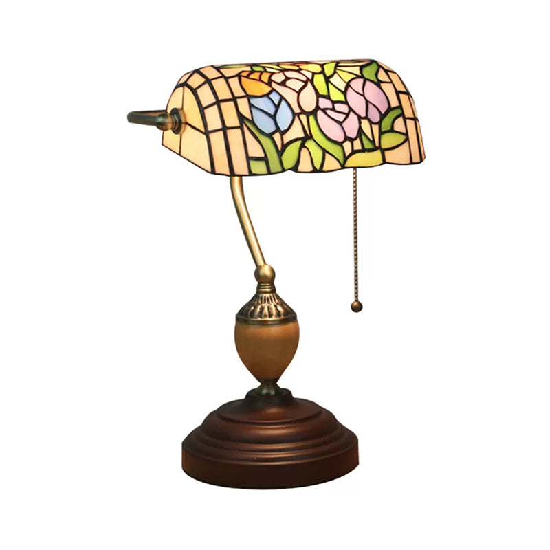 Tiffany Stylish Flower/Geometric/Baroque Bankers Table Lamp 1 Light Stainless Glass Brown Finish Table Lamp with Pull Chain