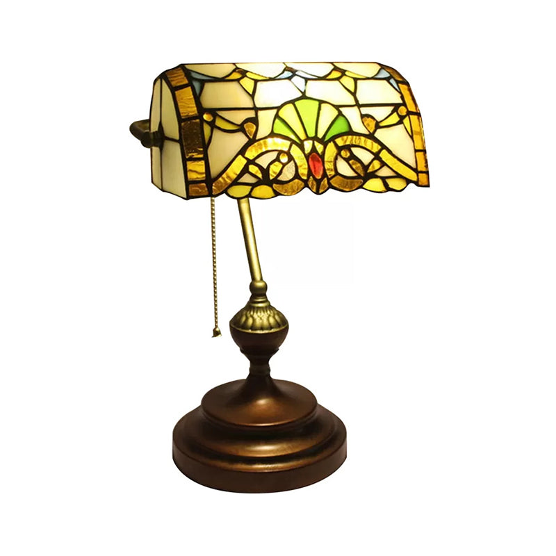 Tiffany Stylish Flower/Geometric/Baroque Bankers Table Lamp 1 Light Stainless Glass Brown Finish Table Lamp with Pull Chain