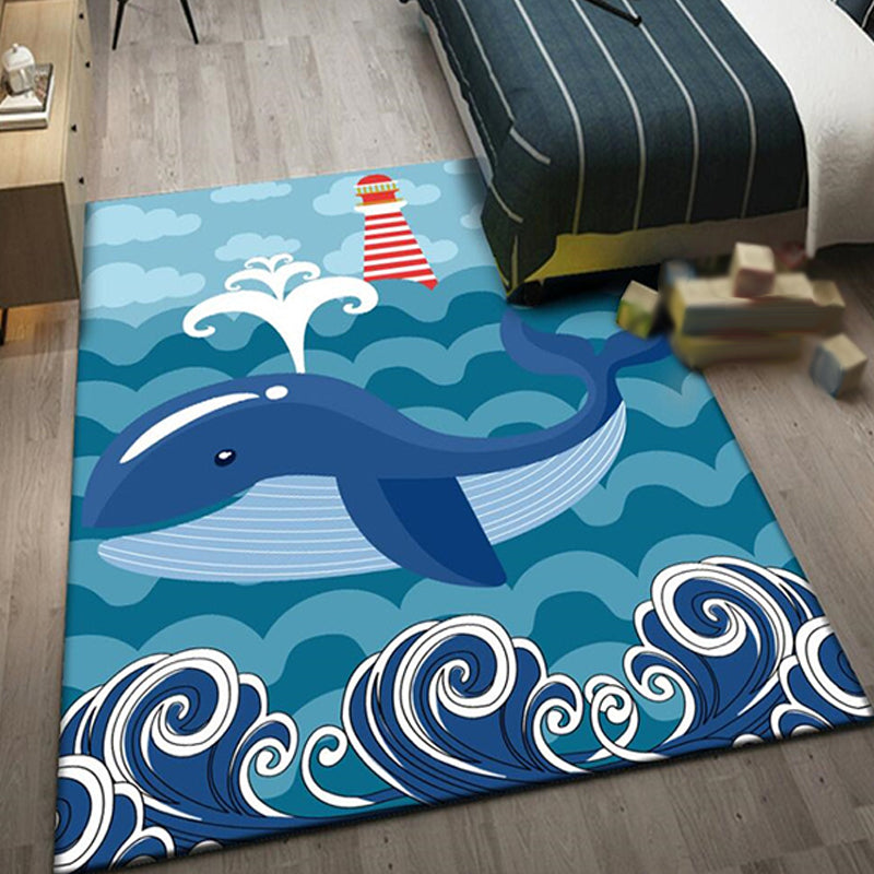 Cute Whale Pattern Rug Blue Kids Rug Polyester Pet Friendly Washable Area Rug for Nursery - Light Blue - Clearhalo - 'Area Rug' - 'Rug' - 1726092