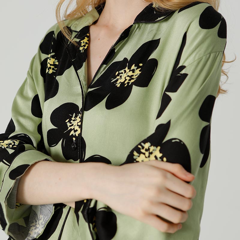 Black Flower Satin Pajama Set Loungewear