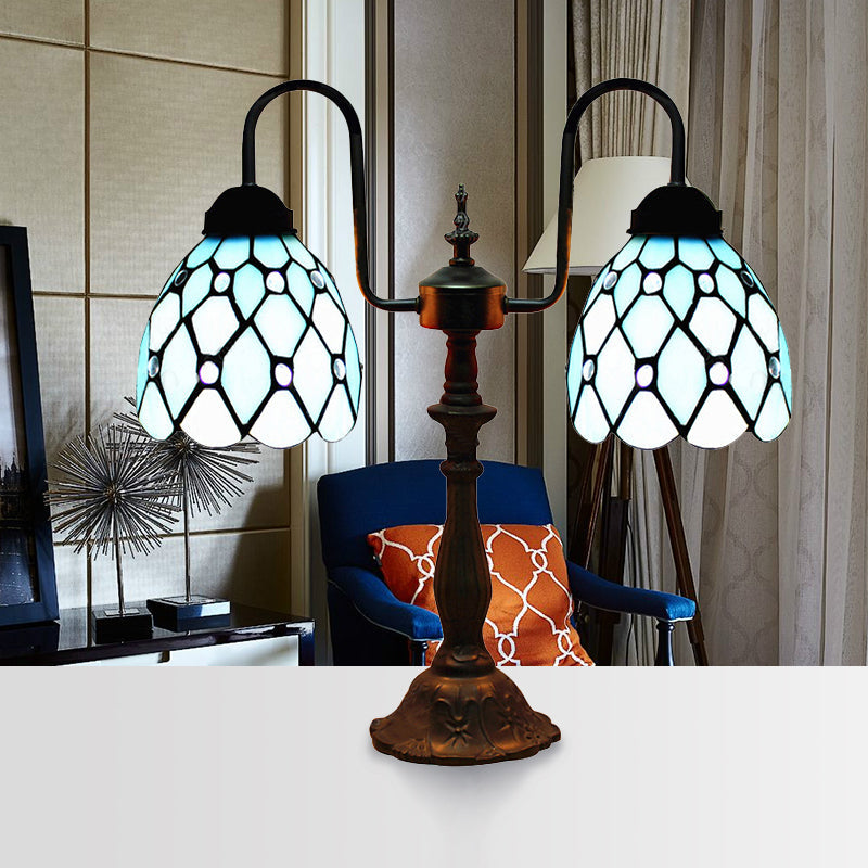 Dome Table Lamp Industrial Vintage Stained Glass 2 Lights Accent Table Lamp in Blue for Bedside