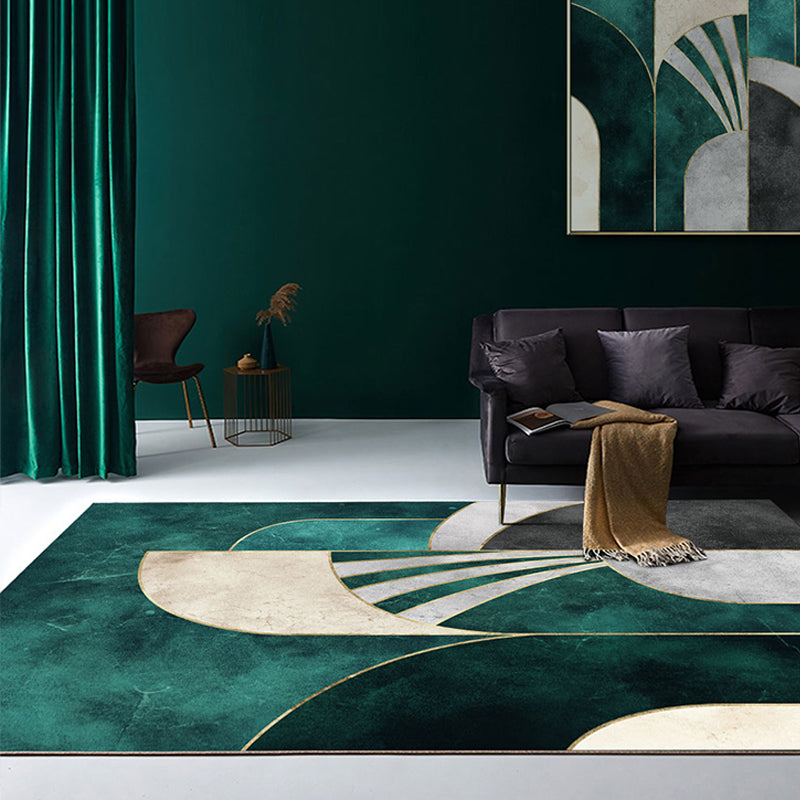 Nordic Parlor Rug Green Geometric Pattern Rug Polypropylene Washable Non-Slip Pet Friendly Carpet
