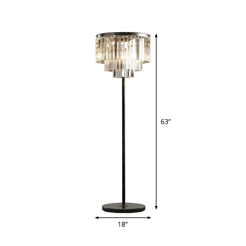 5-Bulb Standing Lamp Rustic 1/3-Layer Crystal Block Floor Light in Black for Living Room