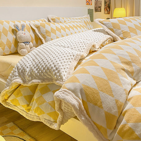 Thickened Rhombus Blue/Coral/Yellow Flannel Duvet Cover Bedding Set