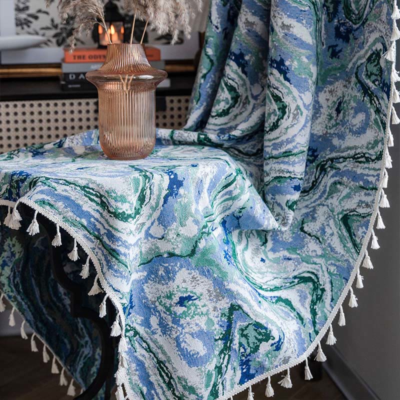 Blue Green Painting Style Light Filtering Curtain