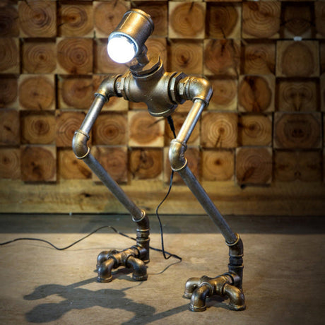 1-Light Iron Nightstand Lamp Steampunk Silver Long-Legged Pipe Man Bedside Table Light in Warm/White Light