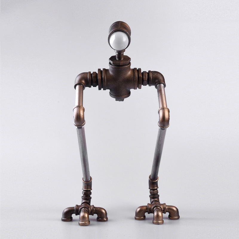 1-Light Iron Nightstand Lamp Steampunk Silver Long-Legged Pipe Man Bedside Table Light in Warm/White Light