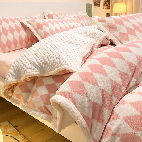 Thickened Rhombus Blue/Coral/Yellow Flannel Duvet Cover Bedding Set
