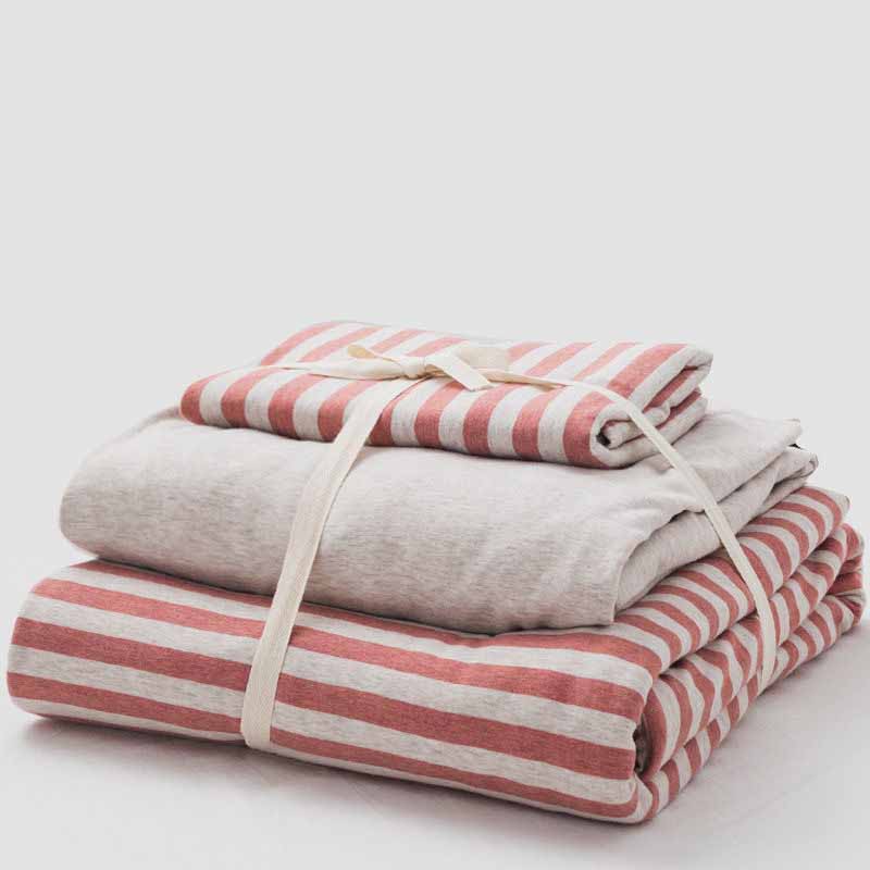 Pink/Grey Yarn-Dyed Stripe Knit Fabric Bedding Set Cotton Duvet Cover Bedding Set