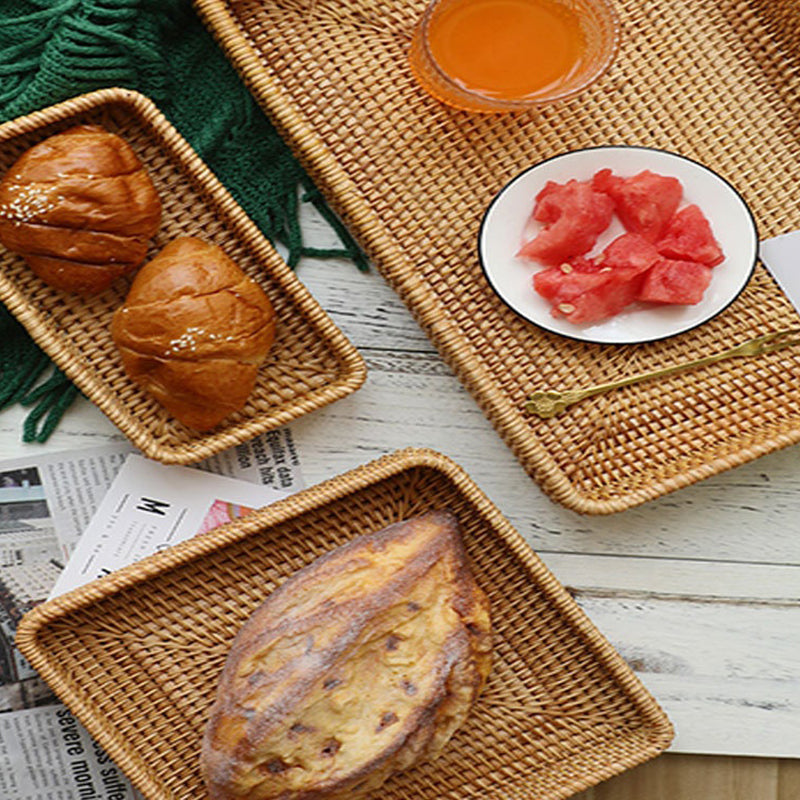 Handmade Ratten Tray Square Rectangular, Natural Ratten Plaited Tray Set, Baskets, Plates
