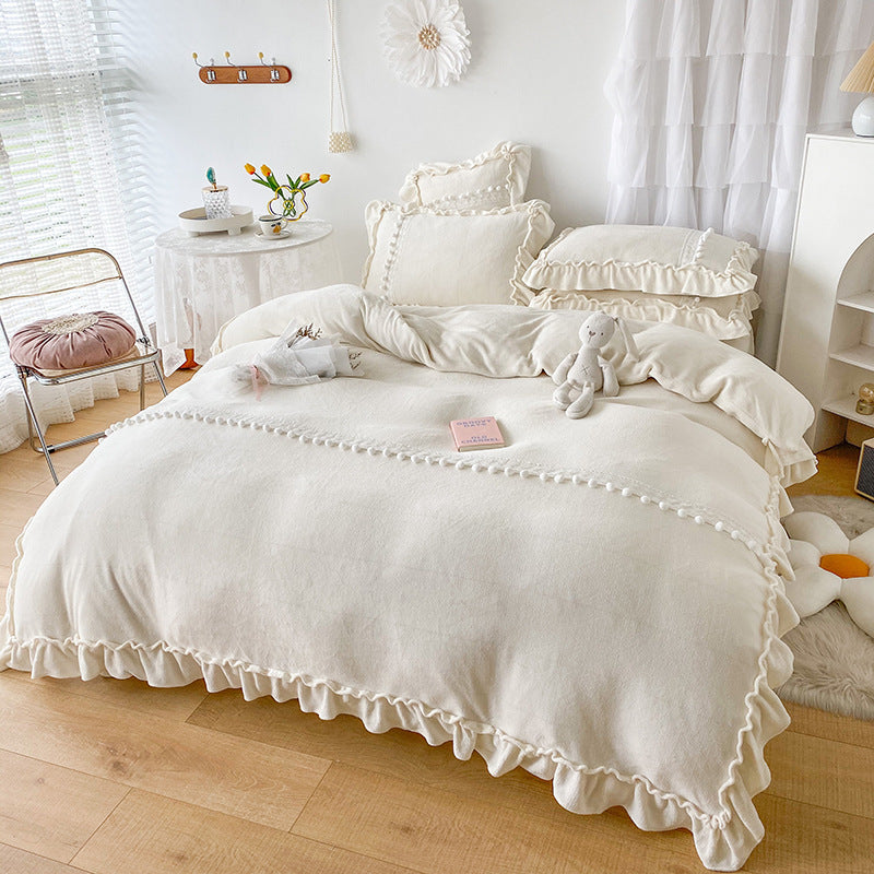 Thicken White Poly Milk Cashmere Flannel Duvet Cover Bedding Set