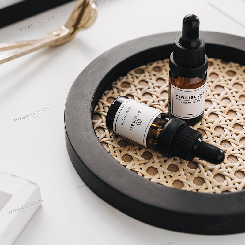 Handmade Black Rim Rattan Caning Tray, Rattan Decor, Home Decor Tray, Round Hexagon Rattan Coasters Trays