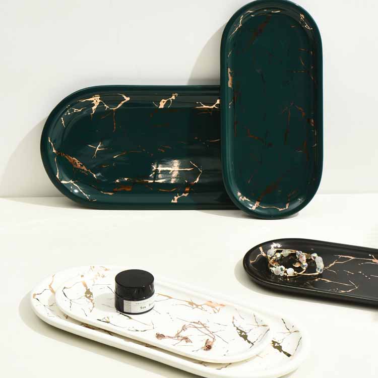 Nordic Style Light Luxury Gold Thread Marbled Ceramic Oval Green/White/Black Storage Tray, Service Plate, Jewelry Tray, Decoration Tray