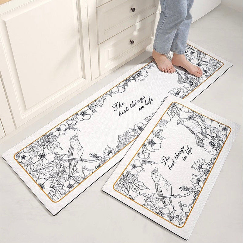 White Botanic Leaves Kitchen Floor Mat