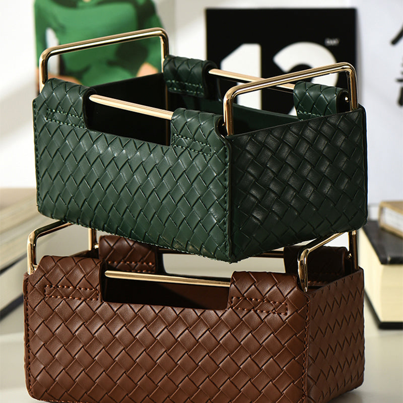 light luxury retro woven pattern wrought iron leather storage basket remote control cosmetic storage box sundries basket