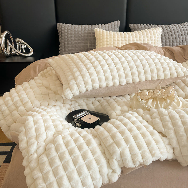 Solid Color Poly Rabbit Wool Flannel Puffy Duvet Cover Bedding Set