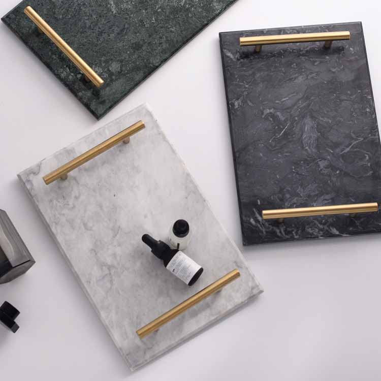 Nordic Style Natural Marble Gold Handle Tray, Service Plate, Jewelry Tray, Decoration Tray