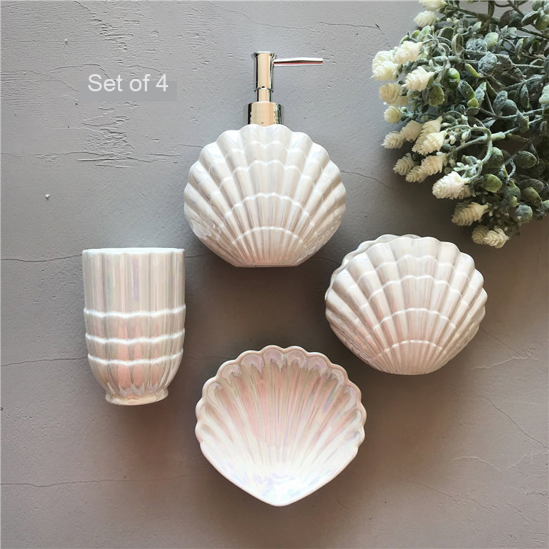 Ceramic Soap Dispenser, Set of 4, Shell, Ocean Theme, Liquid Soap Pump Bottle, Colorful Marble Texture, Charge Shot