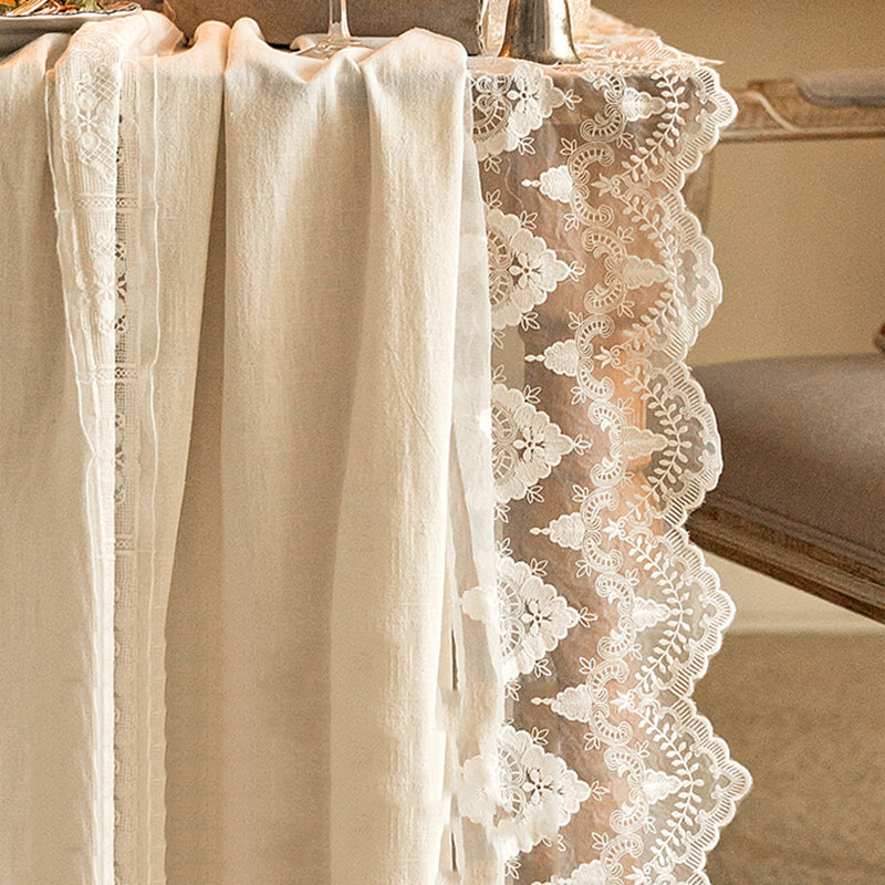 French lace tablecloth retro decorative hollow Nordic style tablecloth small round table coffee table white rectangular home Heavy Embroidery Lace Hem Natural Ramie Fabric Original Design
