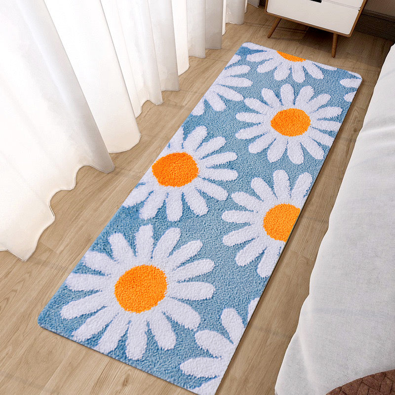 Feblilac Blue Daisy Runner Mat for Bedroom, Flower Floral Area Rug, Soft Plush Carpet for Living Room Bedroom Bathroom