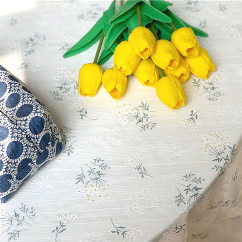 White Blue Cotton Floral Tablecloth