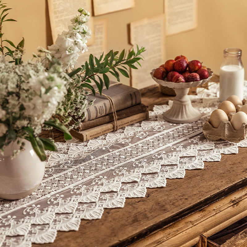 American Nordic white lace table flag long tablecloth light luxury coffee table dining table TV cabinet tablecloth shoe cabinet cloth cover towel Original design hand-woven pattern delicate pearl tassel hanging