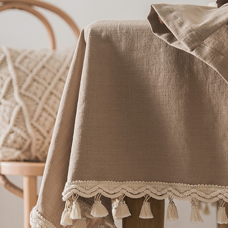 Nordic simple solid color tablecloth American tablecloth fabric cotton and linen retro Japanese tablecloth coffee table rectangular home Natural ramie fabric, washed and distressed texture, delicate cotton thread tassel