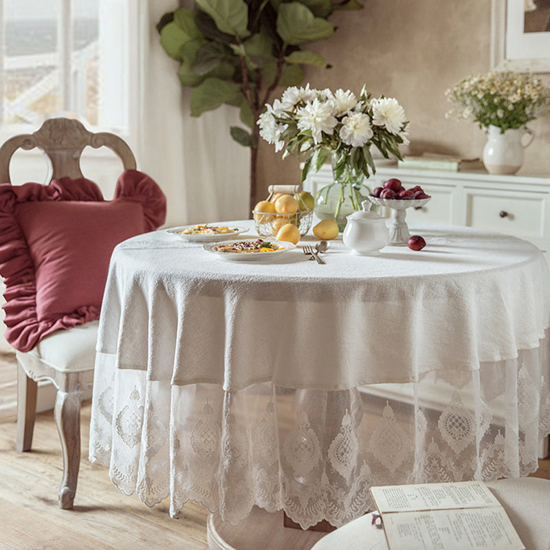 Large round table tablecloth Nordic solid color lace tablecloth net red ins white tablecloth retro cotton linen European tablecloth Natural ramie fabric cotton thread embroidery design fresh and natural style