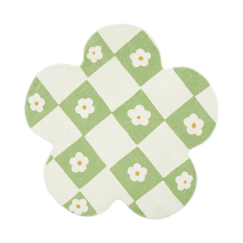 Flower Shaped Cream and Green Checked Bedroom Mat