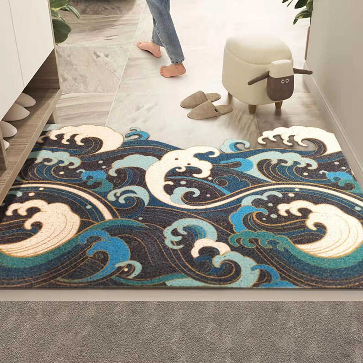 Feblilac Japanese Style Blue Wave Entrance Door Mat, Japanese Style Welcome Doormat, Anti Skid PVC Coil Outdoor Mats, Front Mat for Home, Washable Entryway Doormat