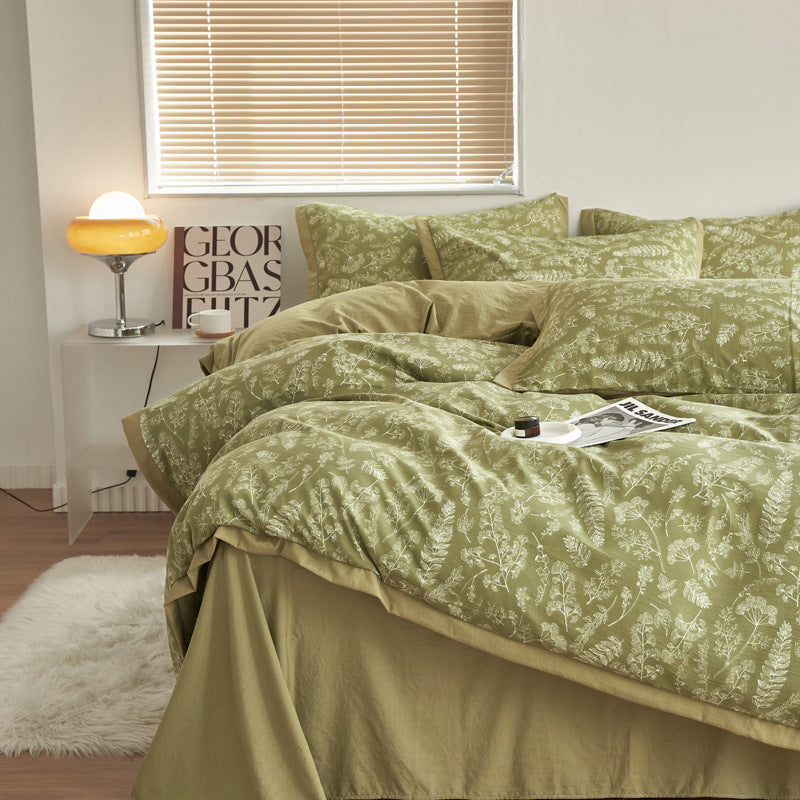 Autumn/Winter Green Leaves bedding set Class A Washable Double Yarn Cotton/Linen Duvet Cover Four-Piece bedding Set