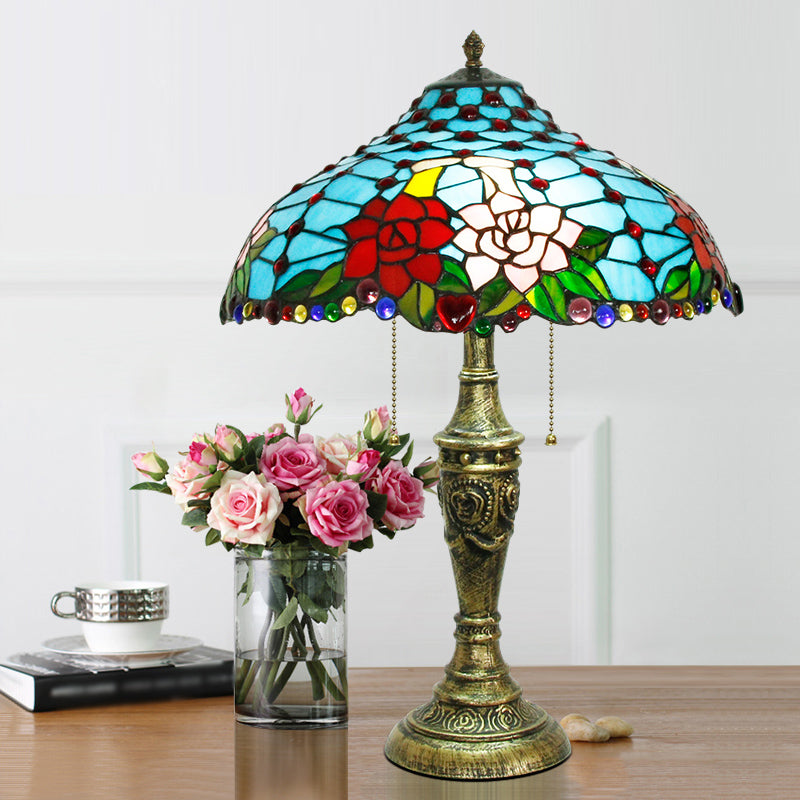 Stained Glass Blue Table Lighting Rose Pattern 3 Heads Tiffany Nightstand Lamp with Pull Chain