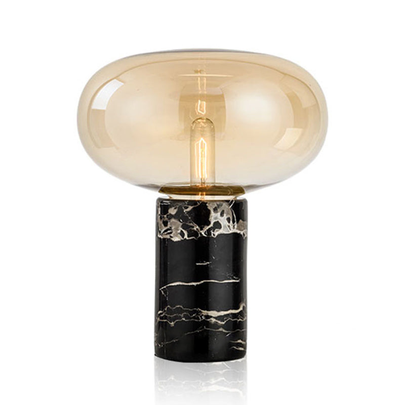 Oblate Bedside Nightstand Lamp Glass Single-Bulb Minimalistic Table Light with Cylindrical Marble Base