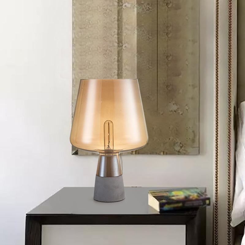 Rustic Wineglass-Like Nightstand Lamp Amber Glass Single-Bulb Bedroom Table Lighting with Cement Base