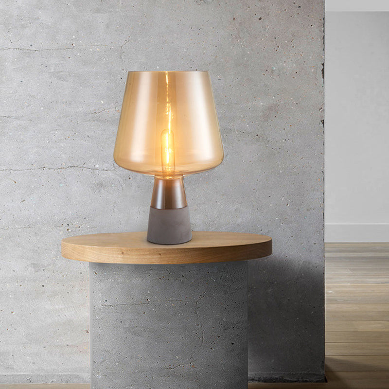 Rustic Wineglass-Like Nightstand Lamp Amber Glass Single-Bulb Bedroom Table Lighting with Cement Base