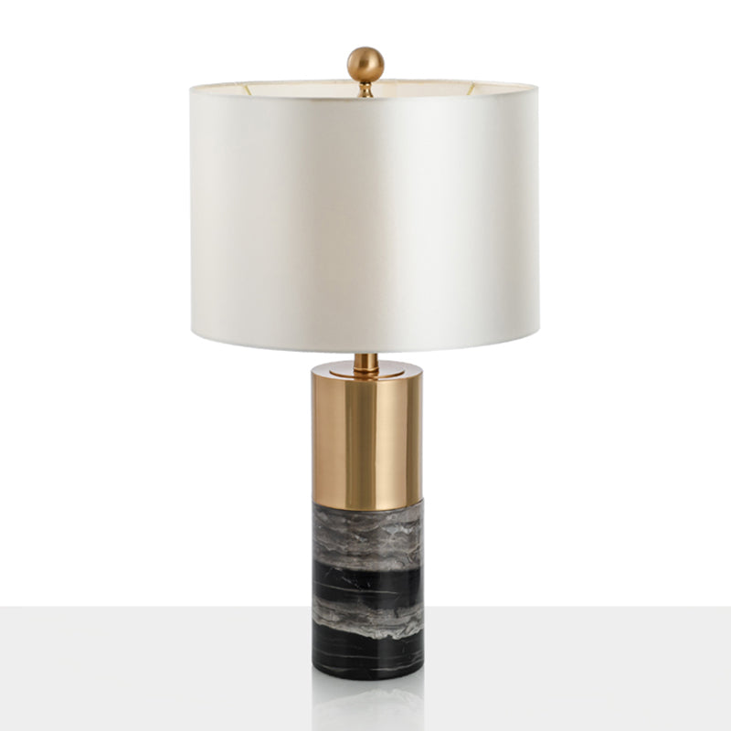 Drum Table Lighting Simplicity Fabric 1 Bulb Living Room Nightstand Lamp with Marble Base in White