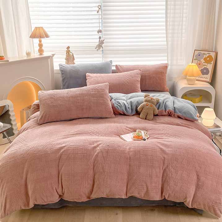 Geometric Pattern Coral Fleece Solid Duvet Cover Bedding Set