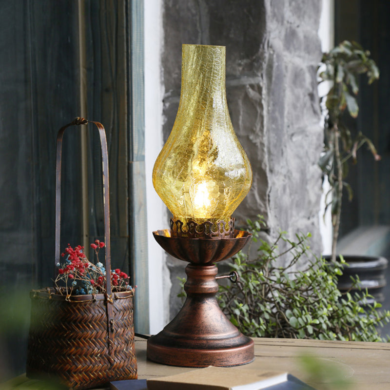 Crackle Glass Chimney Shade Kerosene Light Retro Bedside Table Lighting in Bronze