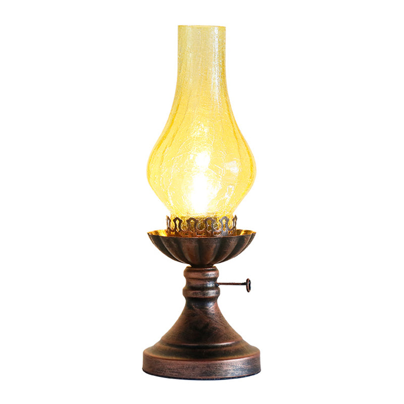 Crackle Glass Chimney Shade Kerosene Light Retro Bedside Table Lighting in Bronze