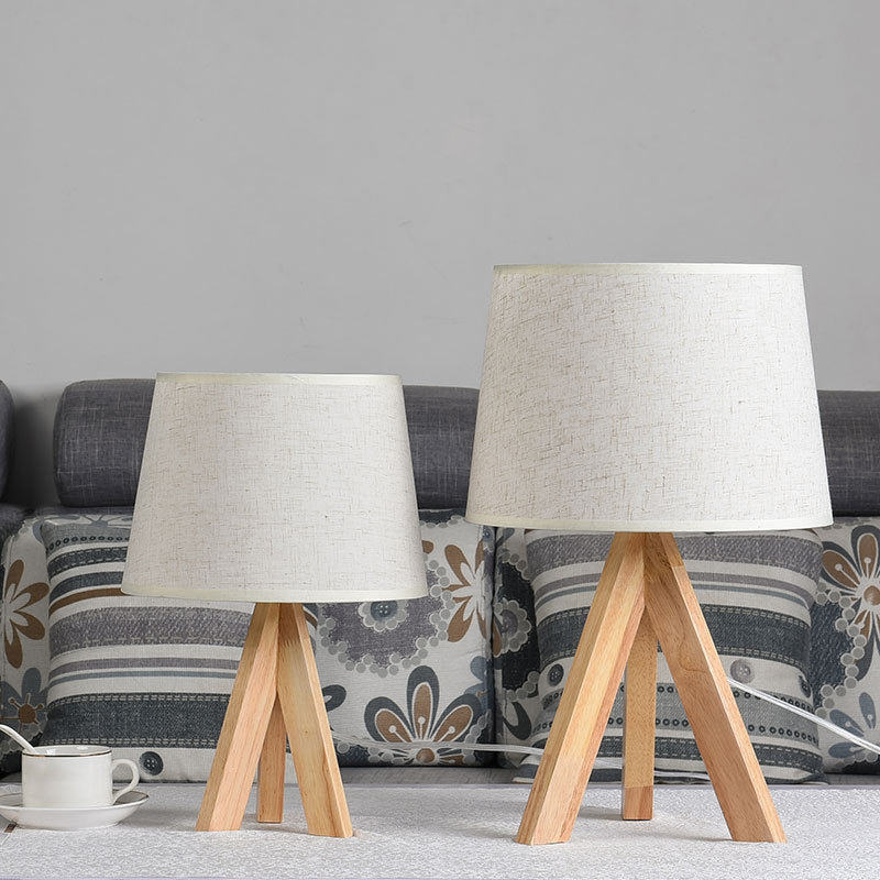 Tapered Table Lighting Simplicity Fabric 1 Bulb Bedside Nightstand Lamp with Wooden Tripod in White