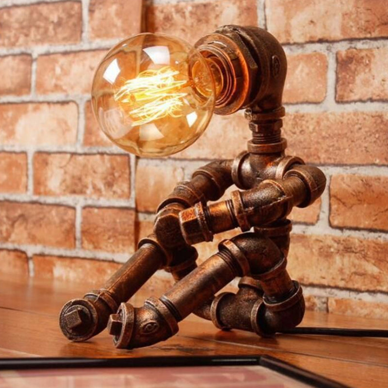 Sitting Robot Iron Nightstand Lamp Retro Style Single Bedroom Table Light in Bronze