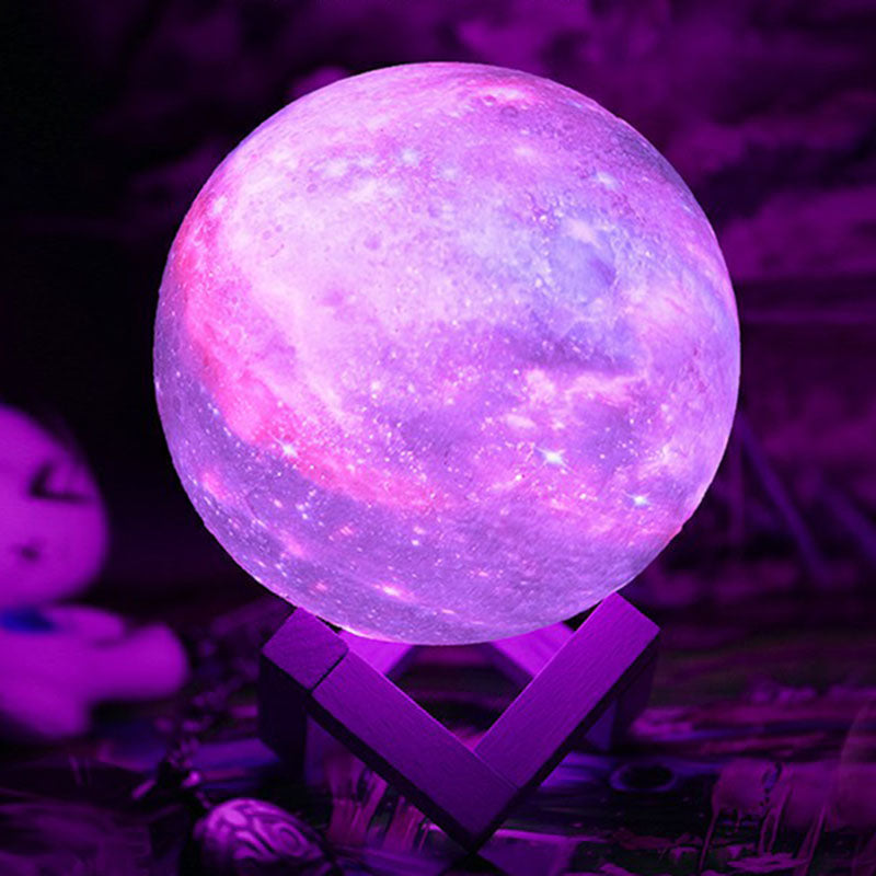 Purple Galaxy Spherical Night Lamp Kids Plastic LED Table Light with Wooden Base
