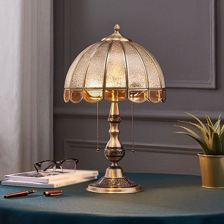 Traditional Dome Shade Night Lamp 1-Bulb Water Glass Table Light with Pull Chain in Brass