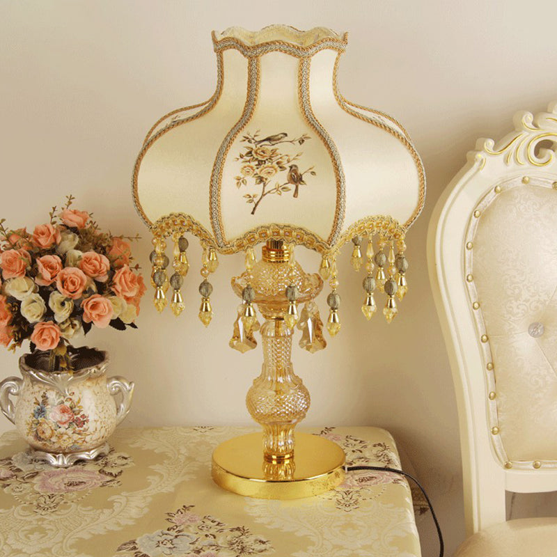 Print Fabric Gold Table Light Scalloped 1 Head Traditional Night Lamp with Crystal Drops