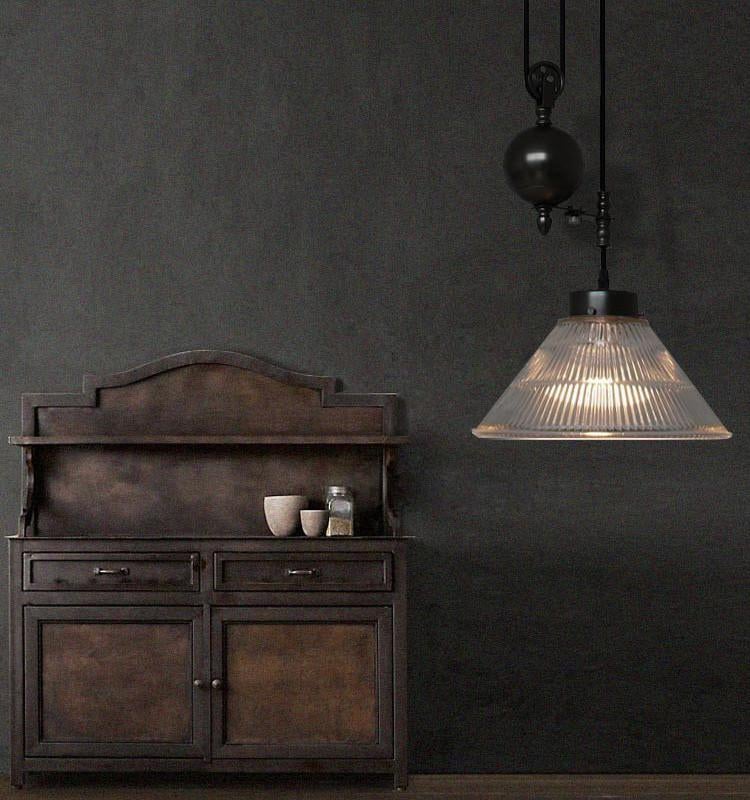 Bennet Ribbed Glass Shade Pulley Pendant Light