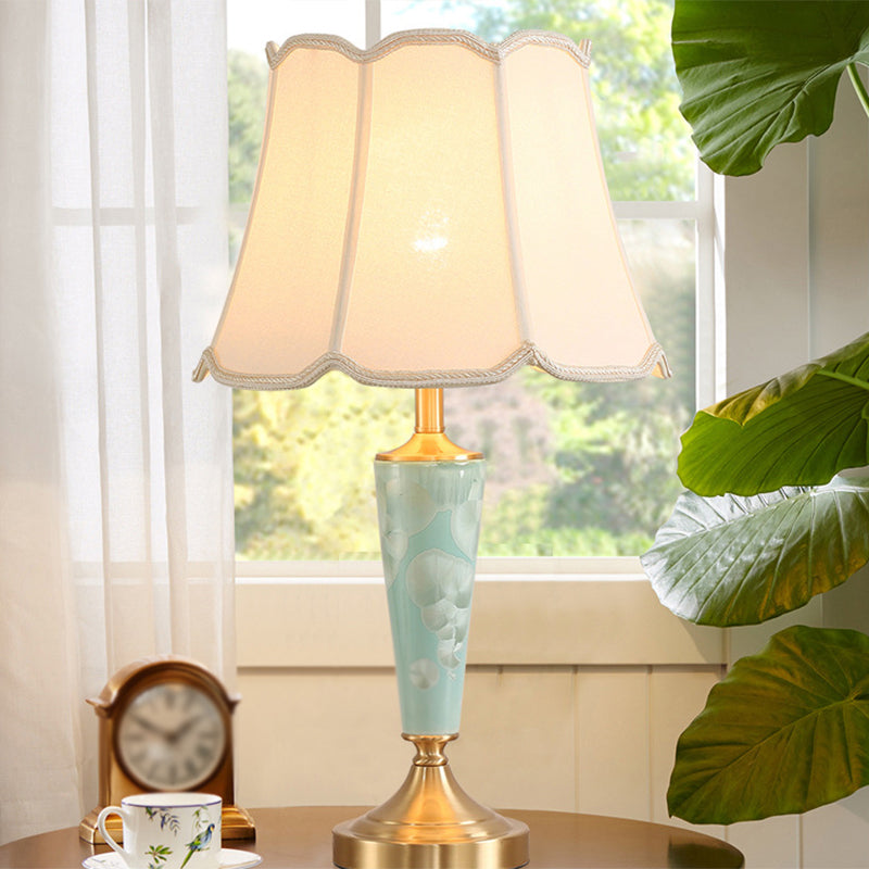 Classic Scalloped Table Lamp Single-Bulb Fabric Night Light with Flared Bottom in Blue