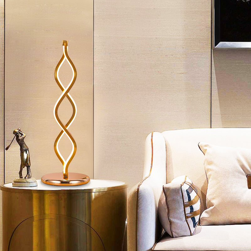 Gold Wavy Strip Table Lamp Art Deco LED Aluminum Nightstand Light with Plug-in Cord